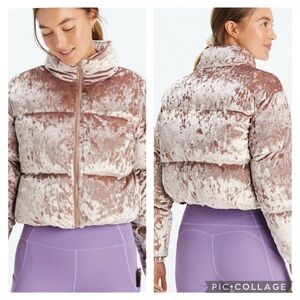 Fabletics Wonder Crush Velour Cropped Puffer Jacket in Teddy Size L